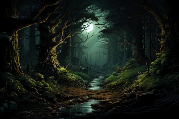 Dark green woods pixel art AI generative