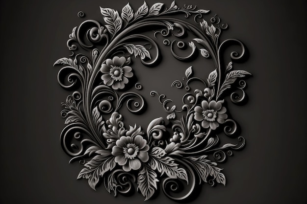 美しいヴィンテージの透かし彫りの花を持つ暗い灰色の抽象的な花柄