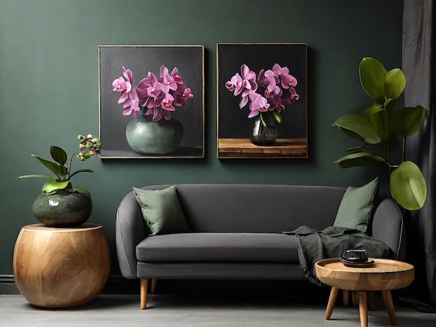 Photo dark grey armchair with wooden coffee table orchid and painting near green wall