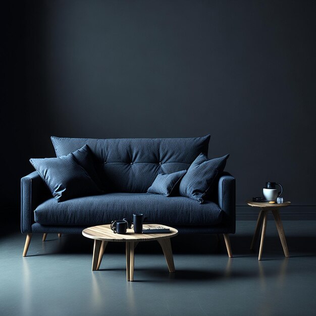 Dark grey armchair with wooden coffee table