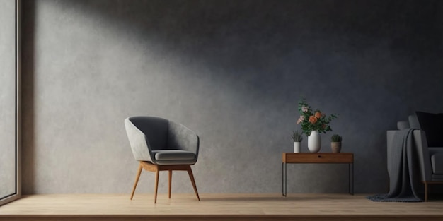 dark grey armchair and a wooden table in the living room interior with copy space concrete wall