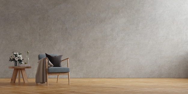 Dark grey armchair and a wooden table in living room interior with plant,concrete wall.3d rendering