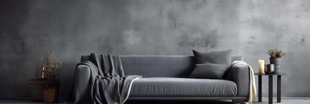 Photo dark grey couch with cozy blanket in bright interior standing on metal table