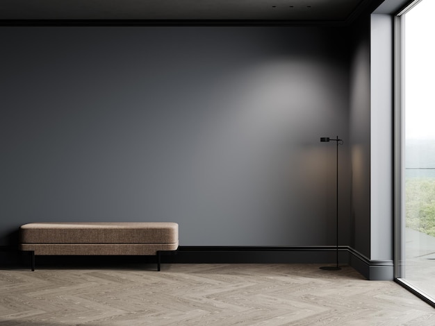 Dark grey empty wall mockup in modern interior design with beige pouf 3d rendering