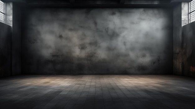 Темно-серый градиентный фон прожектор на пустой студийной комнате Пустая темная абстрактная цементная стена и студийная комната с дымом плавают вверх внутренняя текстура для отображения продуктов стеновой фон