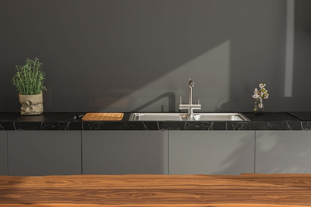 Dark grey kitchen design detail of interior empty island or\
table countertop in modern kitchen room 3d rendering