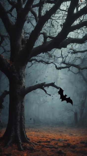 Dark grunge background with spooky tree and bat