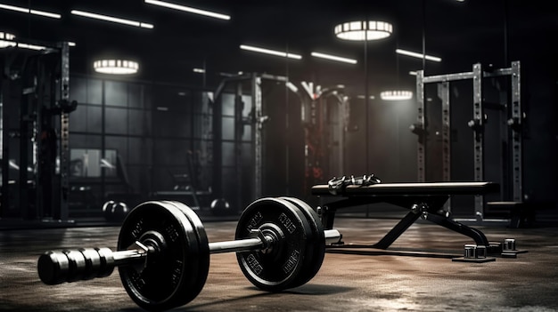 A dark gym interior adorned with black dumbbells