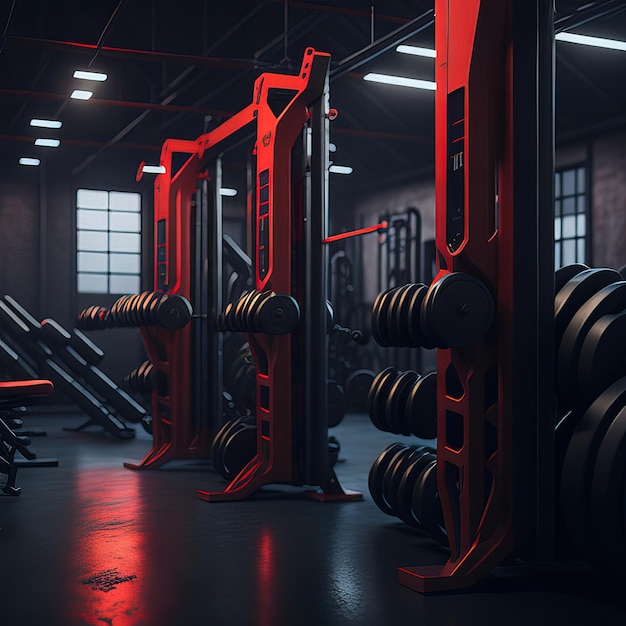 A dark gym with a red light on the right side.