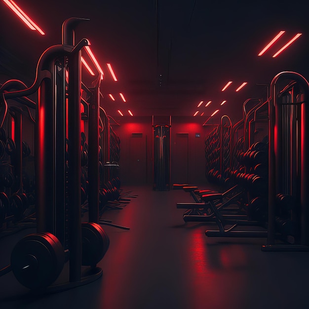 A dark gym with a red light on the wall and a black bar with weights in the middle.