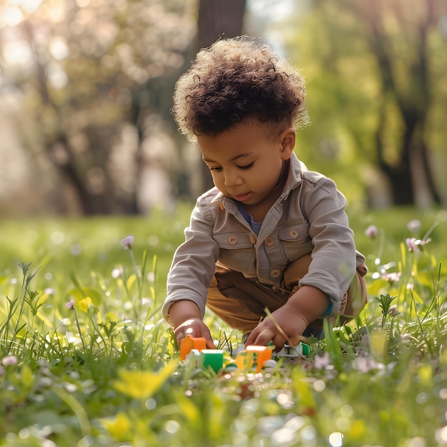 Photo dark haired boy with dark skin plays on lawn with toy