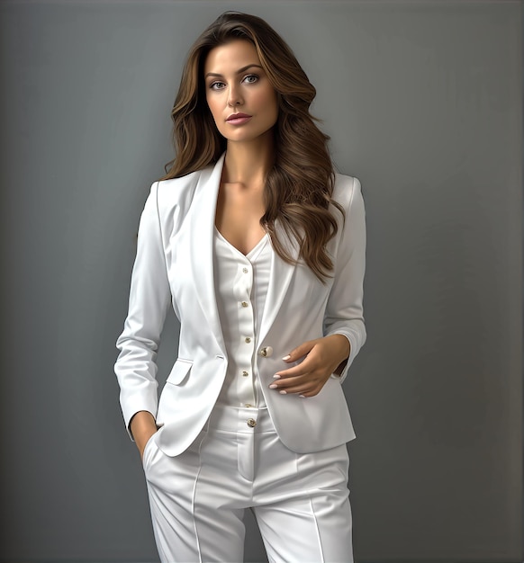 Dark haired businesswoman wearing white business casual clothing with neutral gray background