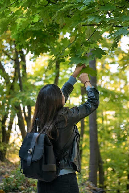 Dark-haired girl in the park picks the leaves. Young woman walking in the spring forest. Back view. Vertical frame.