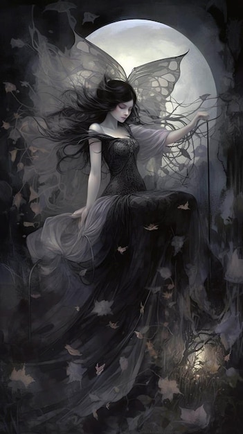 A dark haired woman with long black hair and a long black dress stands in a forest with butterflies on the branches.