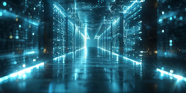 Dark Hallway With Blue Lights in Background