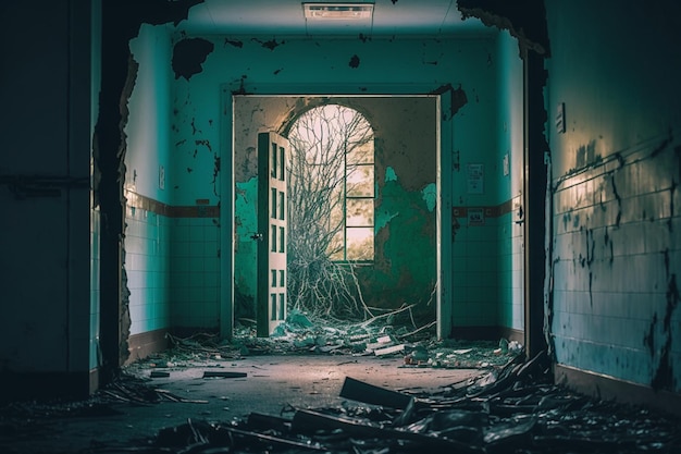 A dark hallway with a broken ceiling and a large window that has a bunch of green plants on it