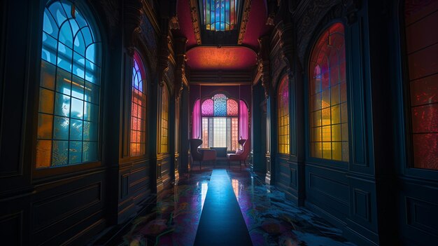 A dark hallway with a colorful stained glass window in the middle.