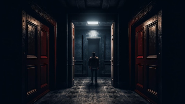 A dark hallway with a door and a person standing