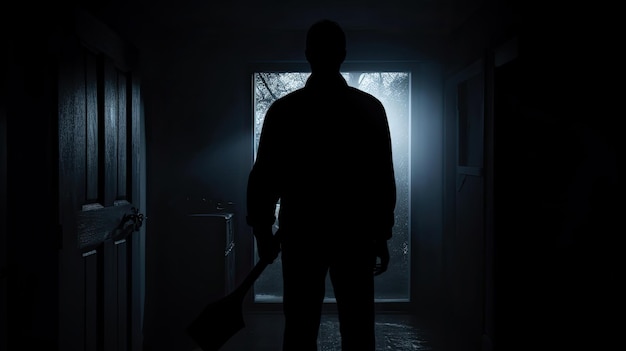 Фото Темный коридор с мужчиной с топором создает ужасающие сцены убийств