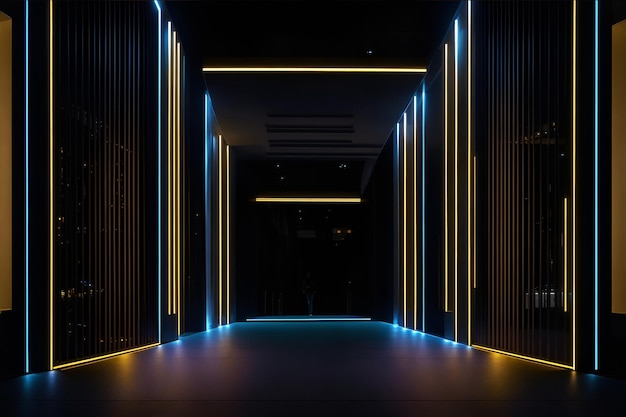 A dark hallway with neon lights and a black floor