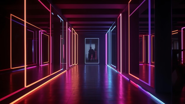 A dark hallway with neon lights and a man in a suit.