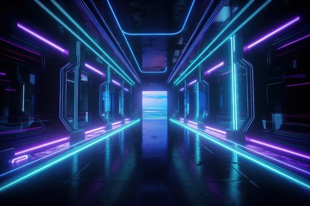 A dark hallway with neon lights and mirrors generative AI