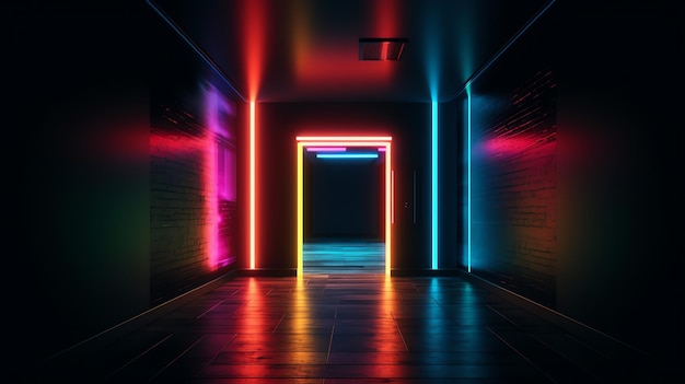 A dark hallway with neon lights on the wall