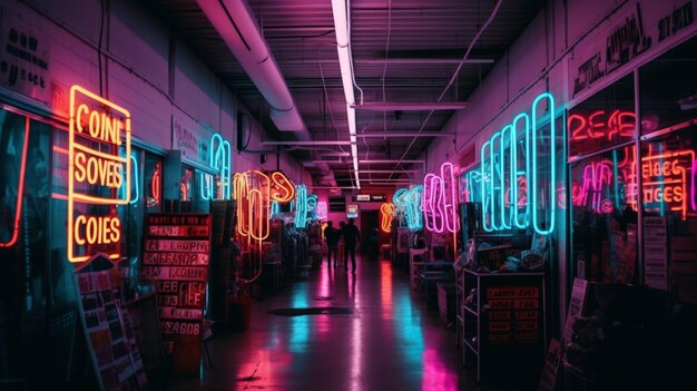 A dark hallway with neon signs on the walls and a sign that says neon.