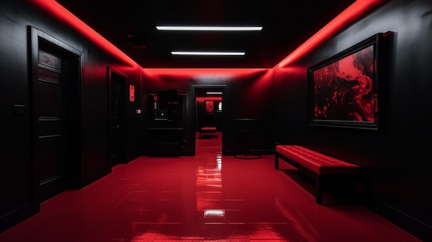 Темный коридор с красными огнями и скамейкой посередине.