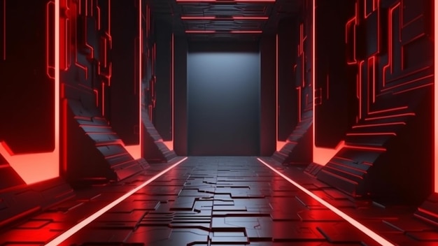 A dark hallway with red lights and a black floor.