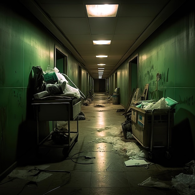 A dark hallway with trash and equipment of hospital