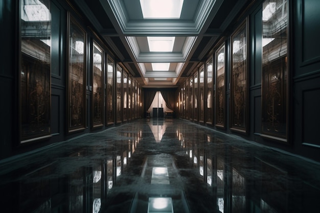 A dark hallway with a white curtain and a black and white sign that says'the dark side '