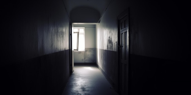 A dark hallway with a window and a person on the left side.