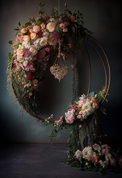 Dark hanging floral halo ring photography backdrop