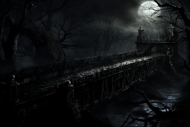 Photo dark haunted bridge with creeping shadows