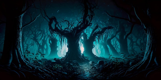 Dark haunted forest filled with malevolent spirits and cursed creatures Generative AI