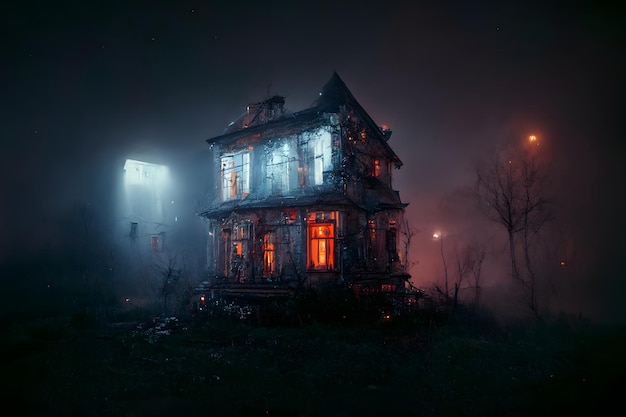 Dark haunted house with illuminated windows at spooky misty dark halloween night neural network generated art