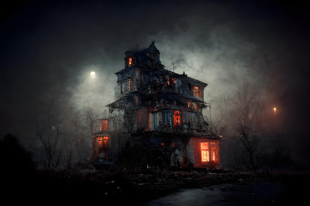 Dark haunted house with illuminated windows at spooky misty dark halloween night neural network generated art