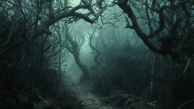 Photo a dark and hazy forest with branches and vines obscuring the path symbolizes the struggle of facing