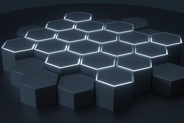背景の 3 d レンダリングを一緒に接続されている暗い六角形のプラットフォーム