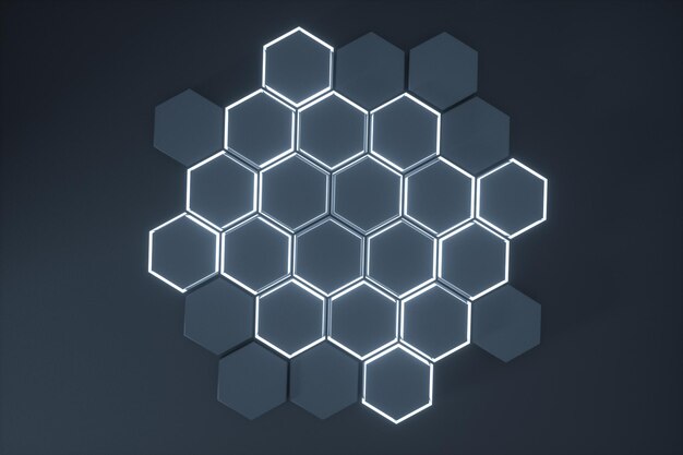 Dark hexagonal platforms connected together background 3d rendering