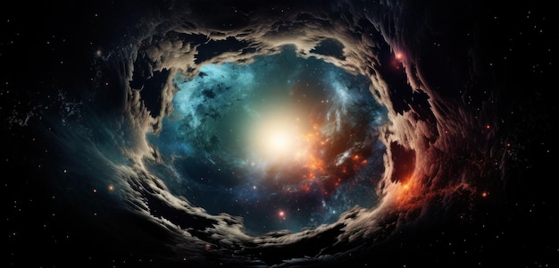 A dark hole with a blue and orange background and a glowing sun in the center.