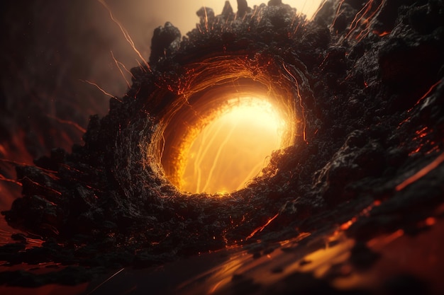 A dark hole with a glowing light and a glowing volcano in the background.