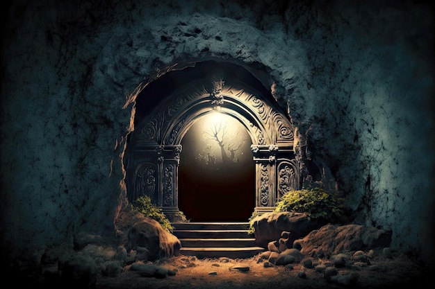 Dark holy empty tomb in cave in cemetery