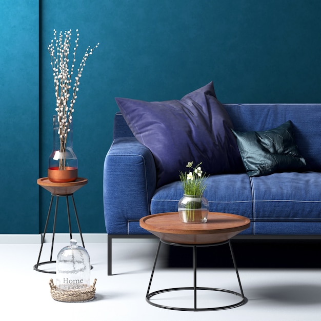 Dark home decor with blue furniture