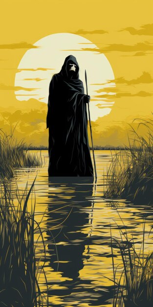 Dark Hooded Man In Boat Faithinspired Art With Natureinspired Imagery