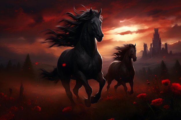 Dark horses running in a gloomy red field of flowers in front of castle with dramatic clouds in