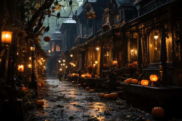 Photo dark house decorated for halloween party with illuminated pumpkins generative ia