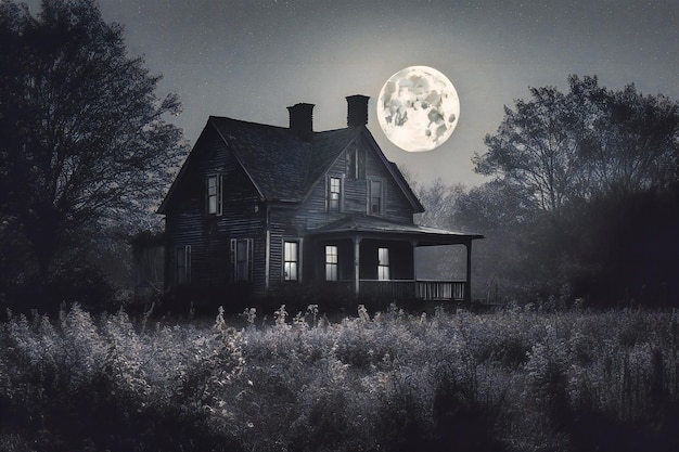 A dark house lit up by the full moon