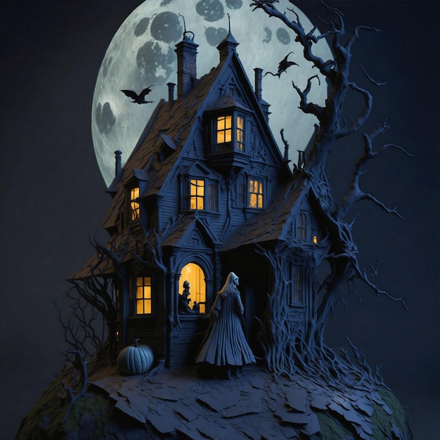 Photo a dark house with a full moon in the background